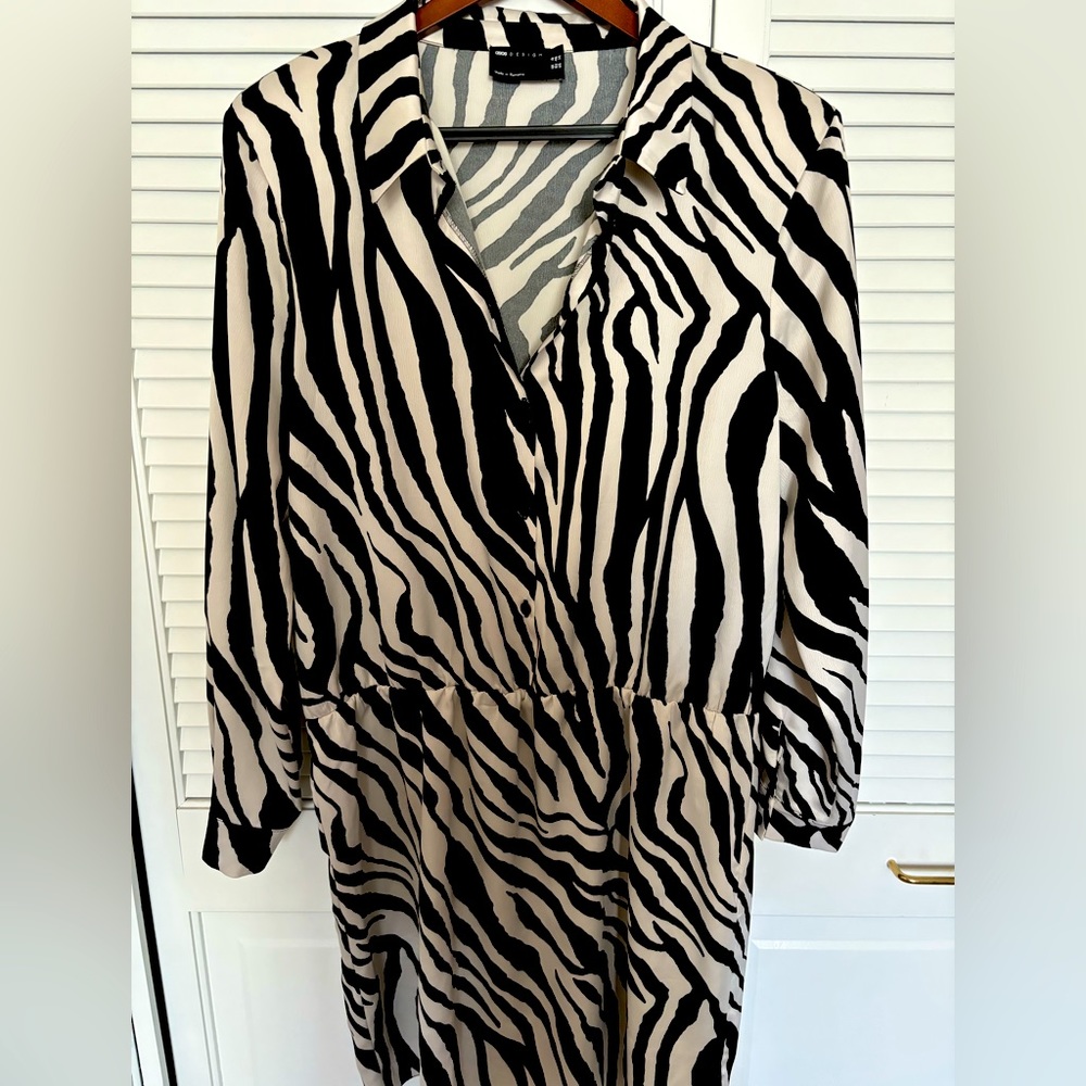 ASOS zebra print dress with elastic waistband and shoulder pads